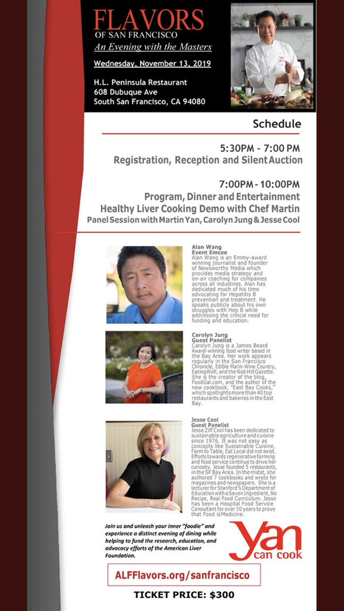 ALF_NorCal's tweet photo. #SanFrancisco: unleash your inner foodie at this year’s #FlavorsofSanFrancisco on Wed, Nov. 13! Celebrity chef #MartinYan will be providing a healthy liver cooking demonstration. Come meet @AlanWangNow, @CarolynJung and @Cooleatz and help raise money for #liverdisease research! https://t.co/ZEDMOKlTNy