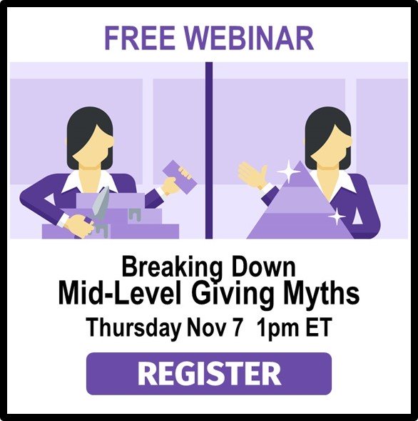 DonorTrends's tweet photo. Free Webinar:  Breaking Down Mid-Level Giving Myths this Thursday at 1pm ET.  Jump in on this lively discussion.  
https://t.co/TnVHiGtlTX https://t.co/gE5rWGOHoa