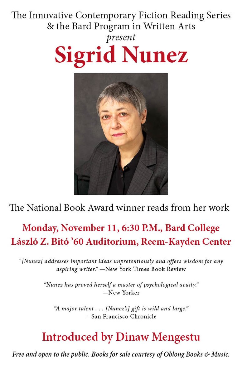 National Book Award winner Sigrid Nunez will give a free public reading <a href="/BardCollege/">Bard College</a> on Monday, 11/11. Books will be available for sale &amp; signing, courtesy of <a href="/OblongBooks/">Oblong Books</a>. Please join us!
conjunctions.com/about/news/eve…