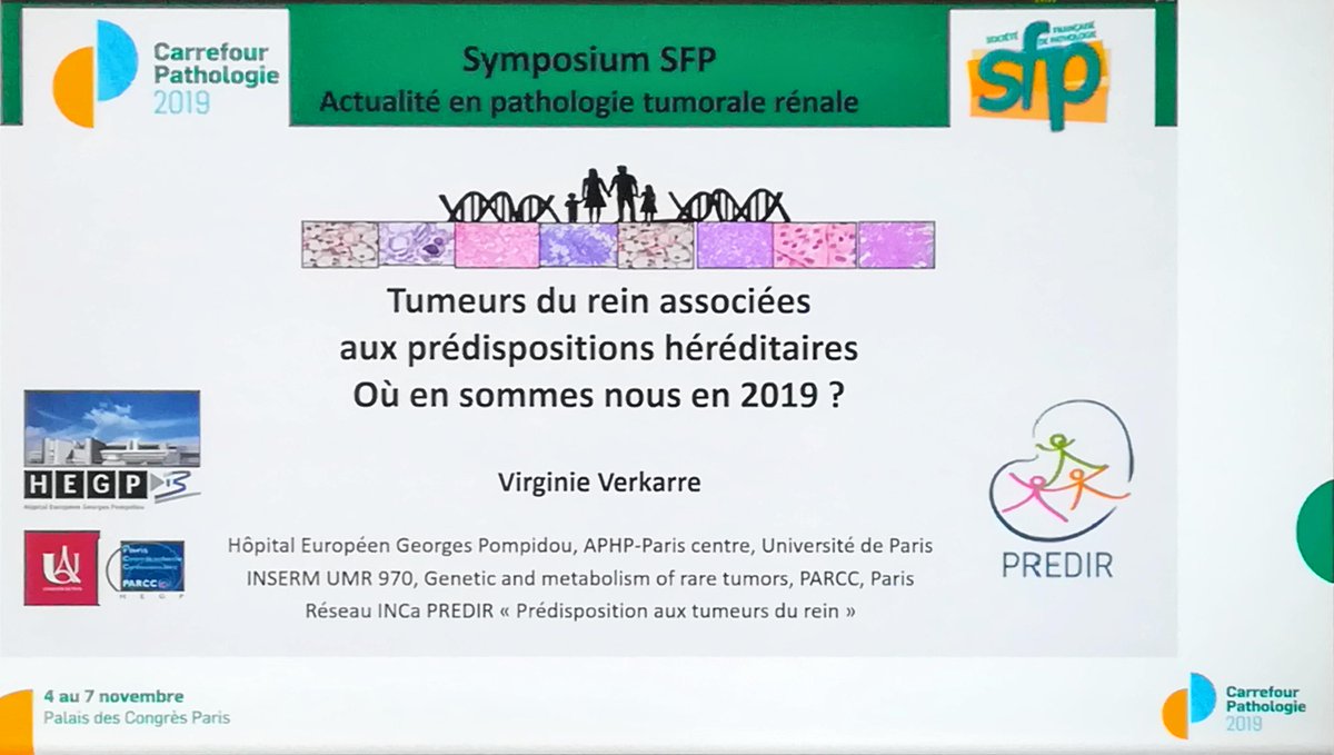 Annpathol's tweet image. "Renal tumors associated with hereditary predispositions in 2019" by @VerkarreVirgin2  Dr Virginie Verkarre
At #CarrefourPathologie2019