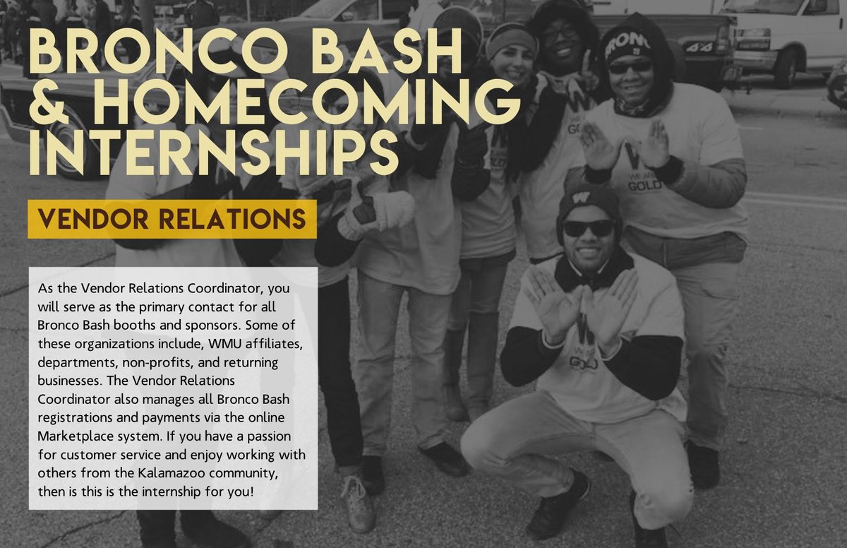 BroncoBash's tweet image. Want to make connections on campus? Want to get more involved with the Kalamazoo community? Do you enjoy customer service? If you answered yes to any of these questions, then the Vendor Relations position is for you. Click this link and apply today! buff.ly/2BTNQSU