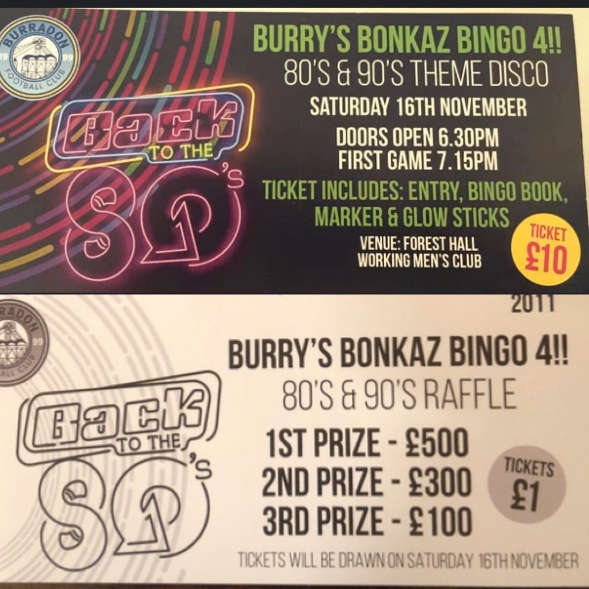Burrys BONKAZ bingo 4, 80’s + 90’s theme at forest hall club, Saturday November 16th 6:30-11pm, massive cash prizes on the night with raffle tickets, great prizes with the bingo winners. Get your entry tickets/ raffle tickets from our coaches, committee or parent reps.
RT 🙏🏻