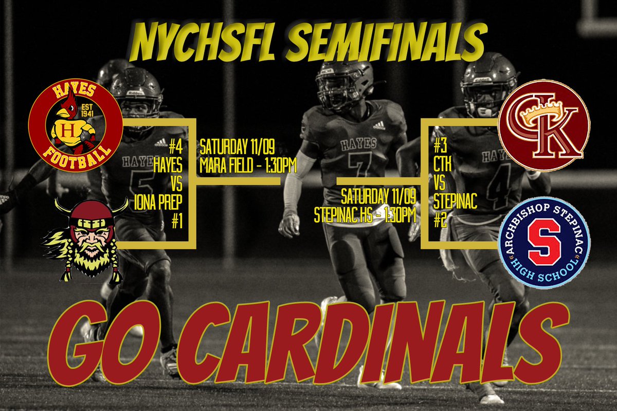 Cardinal Hayes High School (@cardinalhayes) on Twitter photo The Cardinals defeat St. Anthony's HS 61-14 and advance to the <a href="/NYCHSFL/">NYCHSFL</a> Semifinals!
(4)<a href="/CardinalHayes/">Cardinal Hayes High School</a> will face (1)<a href="/ionafootball/">Iona Prep Football</a> this Saturday 11/09 at the Mara Field - Kick Off - 1:30PM
Up Hayes & All Its Loyal Men! The Cardinals defeat St. Anthony's HS 61-14 and advance to the <a href="/NYCHSFL/">NYCHSFL</a> Semifinals!
(4)<a href="/CardinalHayes/">Cardinal Hayes High School</a> will face (1)<a href="/ionafootball/">Iona Prep Football</a> this Saturday 11/09 at the Mara Field - Kick Off - 1:30PM
Up Hayes & All Its Loyal Men!