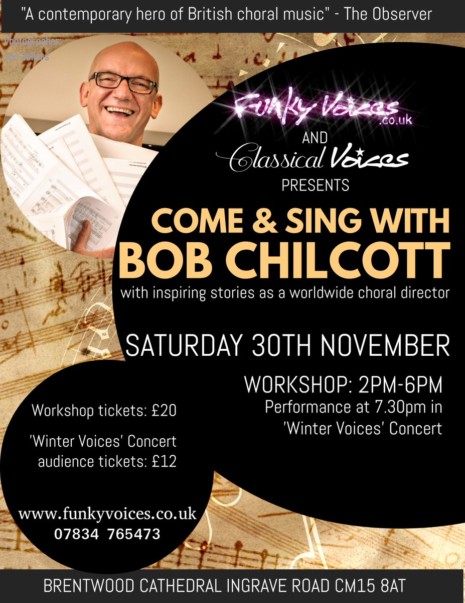 Last few tickets left for this amazing opportunity to take part in a workshop with <a href="/bobchilcott/">Bob Chilcott</a>, sing a piece to your friends and family then have seats for a fab concert by #ClassicalVoices and <a href="/FunkyVoices/">Funky Voices</a> in the beautiful setting of <a href="/cathedralb1/">Cathedral Brentwood</a> #Brentwood #essex #sing #choir