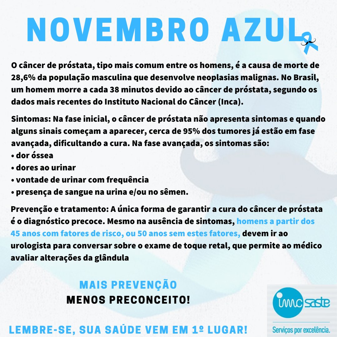 imcsaste's tweet photo. #novembroazul #CancerDeProstata #saude #prostatecancer #Health #Movember #imcsaste https://t.co/NZpMHlgI5b