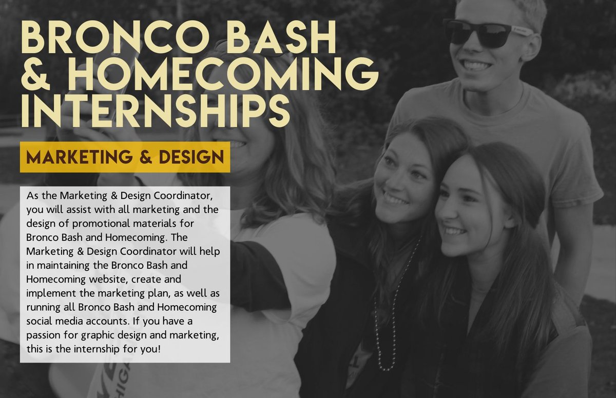 BroncoBash's tweet image. Are you a marketing major or looking for marketing experience? Check out the Bronco Bash and Homecoming marketing position. In this position you will create designs, poster, logos and more for Bronco Bash and Homecoming. Click the link to apply today! buff.ly/2BTNQSU