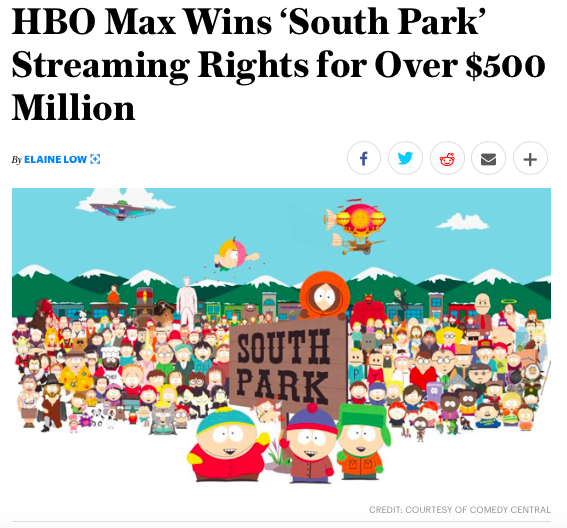 ConvergenceTR's tweet photo. The new half billion dollar+ #HBOMax deal for @SouthPark rights... 😮 Cartman said it best in the Go Fund Yourself episode: "You will literally be giving us money for doing absolutely nothing." #ContentIsKing #streaming #SouthPark #CUSDig https://t.co/RW4mFlyXnw