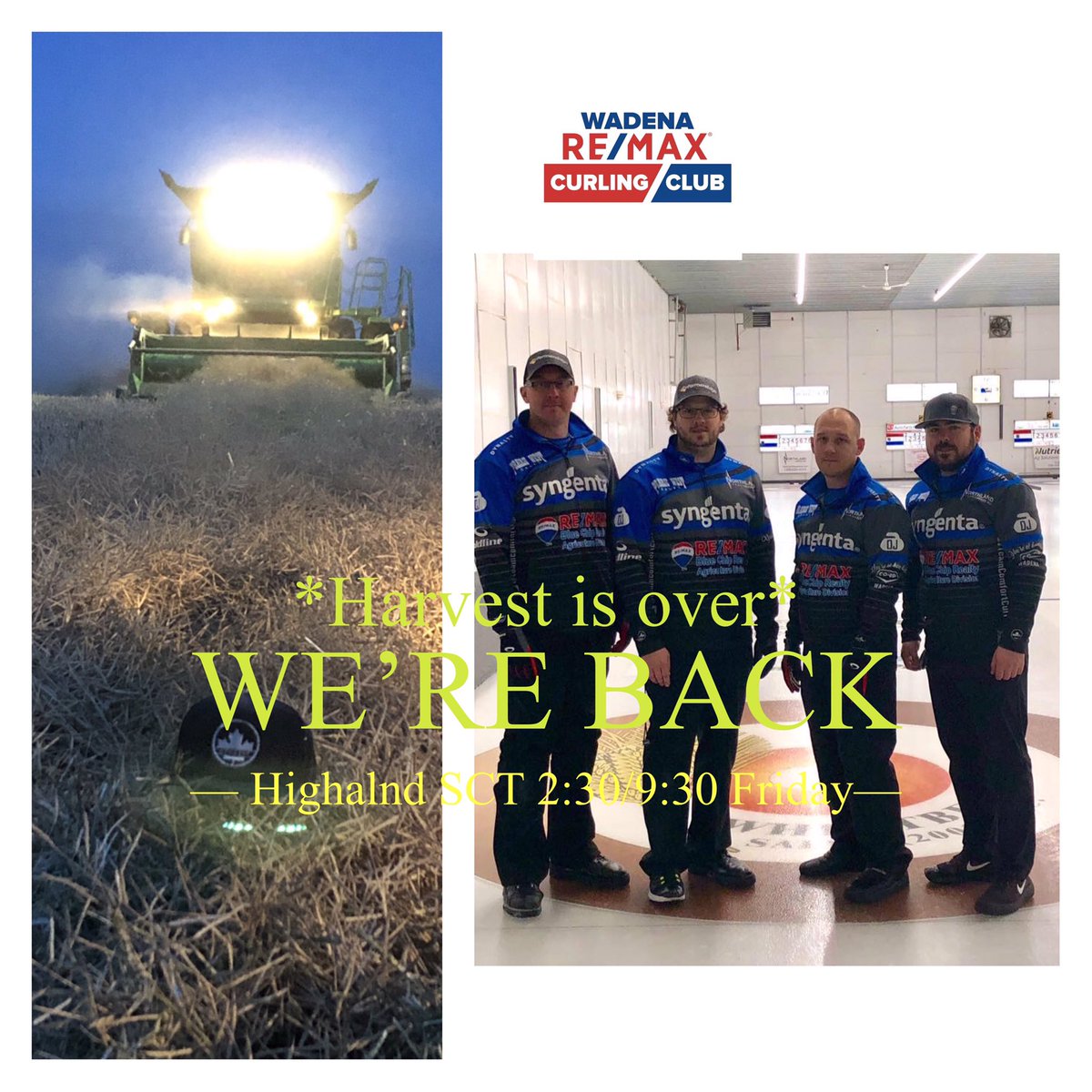 Back in action Friday 2:30 and 9:30 Follow us on Curlsask.ca <a href="/CURLSASK/">CURLSASK</a> <a href="/HighlandCurl/">Highland Curling</a>  <a href="/Lee_Johnson27/">Northland Seeds Inc</a> <a href="/BRJones87/">Brennen Jones</a> <a href="/ComfortRemax/">Scott Comfort</a> <a href="/wadenacurling/">Wadena RE/MAX CC</a>