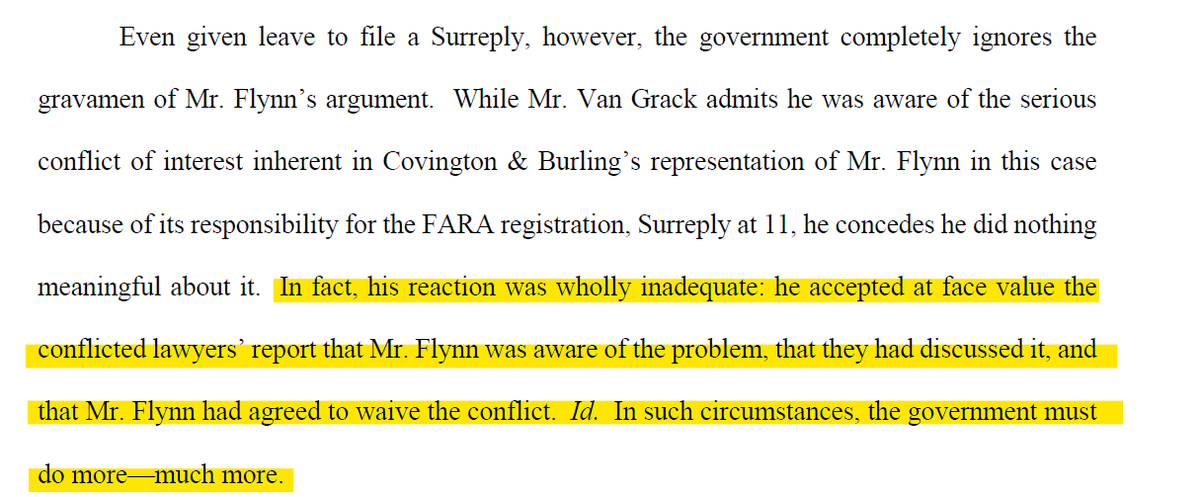 General Flynn's former attorneys were ethically bound to WITHDRAW from the case- they couldn't provide counsel under these circumstances, and their representation became unconstitutional. Just because the Gov was aware and Flynn ALLEGEDLY agreed, didn't matter.