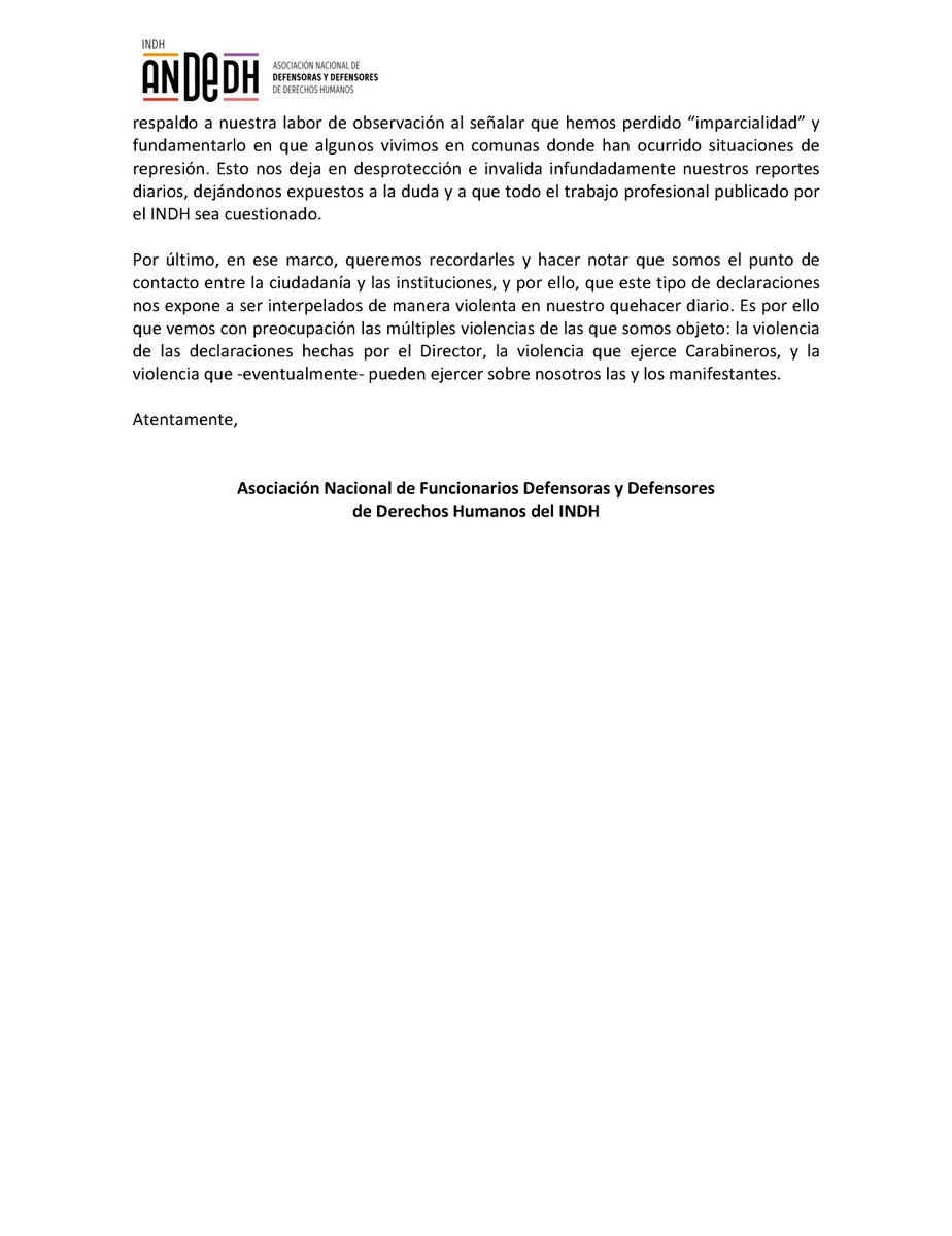 ‼️📢📢  🔴 DIFUNDIR 🔴 📢📢‼️

Declaración Pública Urgente de las y los Defensores de Derechos Humanos ante el rol del Director y el Consejo del INDH ante las graves y sistemáticas violaciones a los Derechos Humanos en Chile.