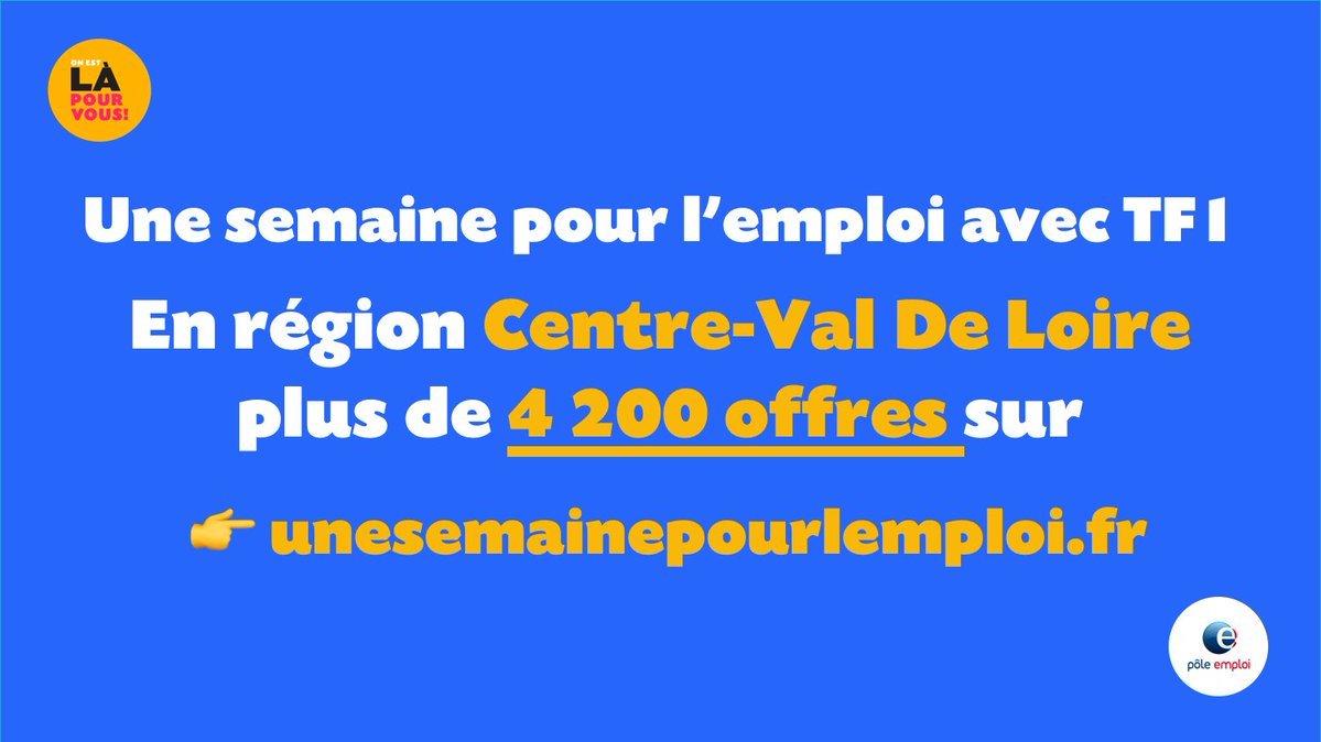 Une adresse à consulter ce soir :
👉#unesemainepourlemploi.fr
pour y retrouver toutes les offres de l'opération 
une semaine pour l'emploi en partenariat avec <a href="/TF1/">TF1</a> 
@poleemploi_RCVL #JT13h #avecPoleEmploi