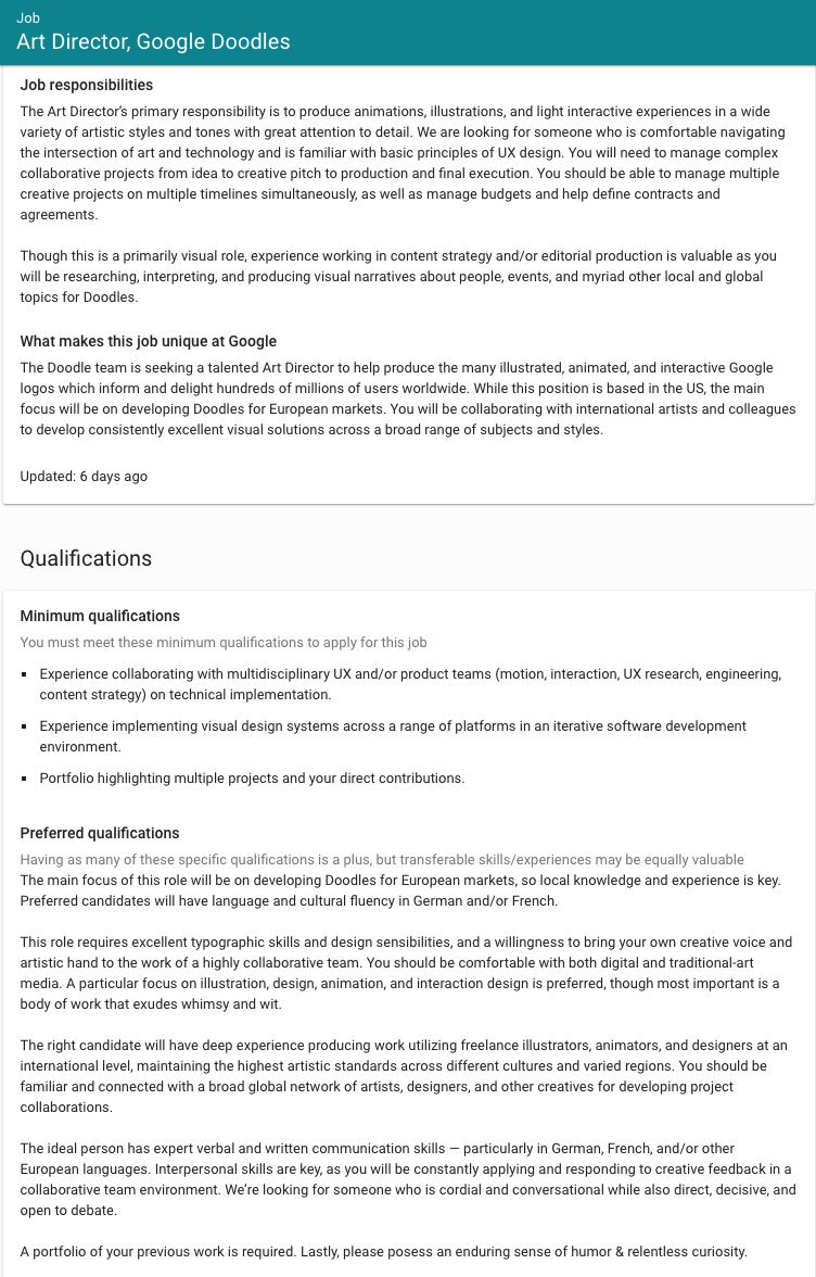 😎 Weird, wacky JOB ALERT! 😎
Come join the Google Doodles team! Yes, we really do exist…and we're looking for an: 
🎨Art Director—Europe focused
⭐UX Designer 
👾Creative Technologist/Prototyper
Send awesome portfolios to doodle-jobs@google.com w/job title in the subject line