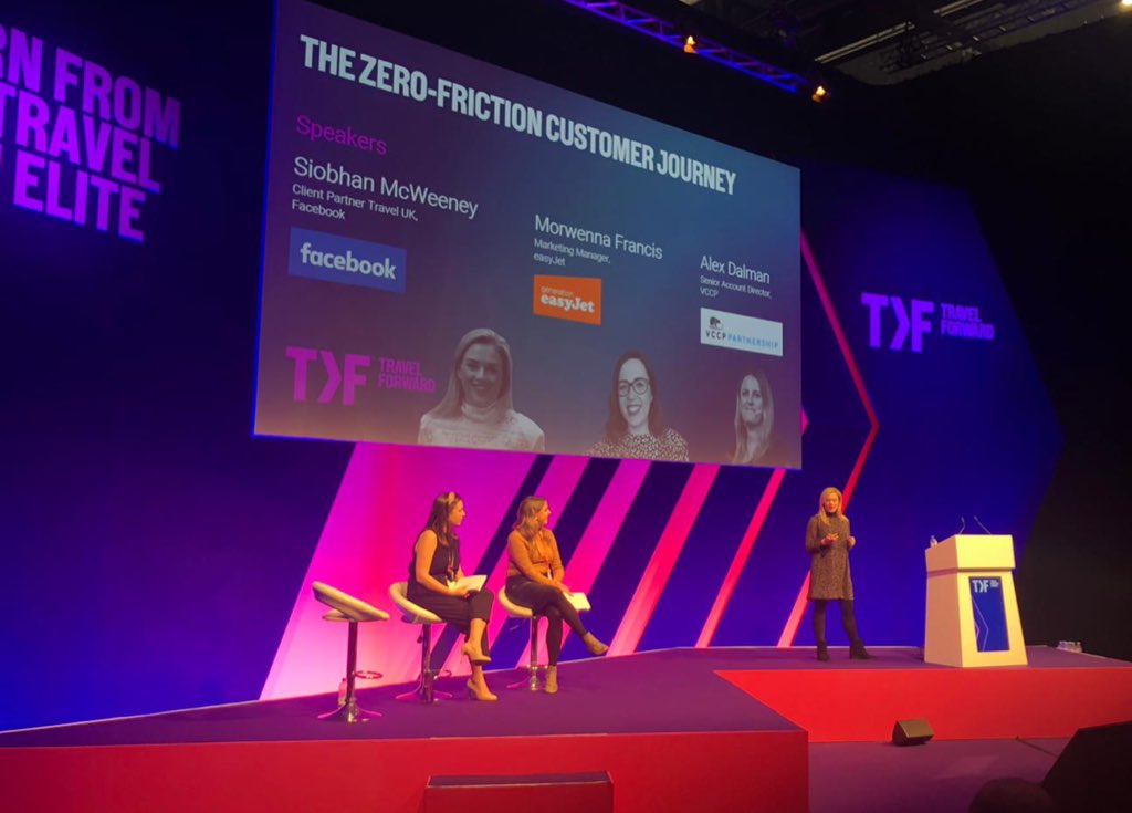 VCCP's tweet photo. . @VCCP‘s @alexdalman joined @easyjet’s Morwenna Francis and @facebook’s Siobhan McWeeney on stage today at World Travel Market @WTM_London talking ‘The zero friction customer journey’ #WTMLDN #lookandbook https://t.co/ZxYwedZaMW