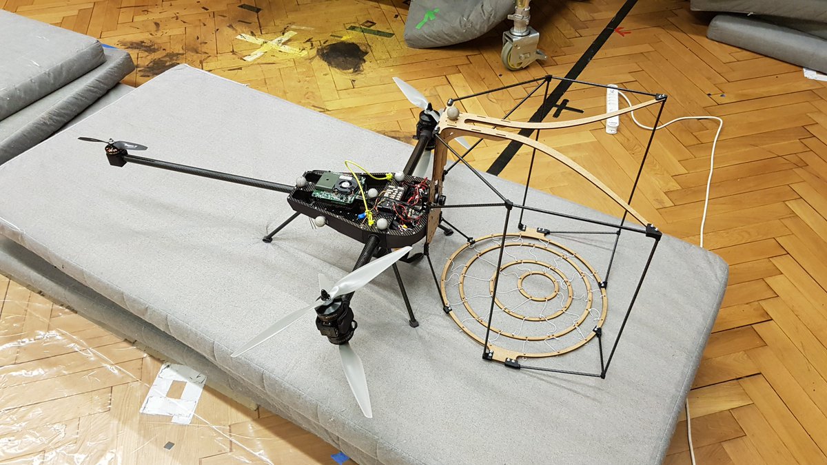 In February we’re going to participate in the MBZIRC, together with the ASL. We’re responsible for one of the three challenges where we have to autonomously catch a ball which is attached to a flying drone. 
Checkout Voliro-T with our fully mechanical catching mechanism attached.