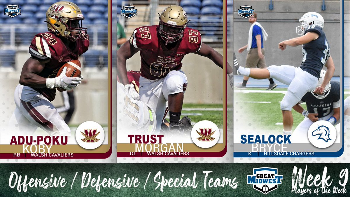 #GreatMidwest 🏈 Players of the Week 

Week 9️⃣

Off: Koby Adu-Poku, WU
Def: Morgan Trust, WU
ST: Bryce Sealock, HC

📰: bit.ly/34w2vzP