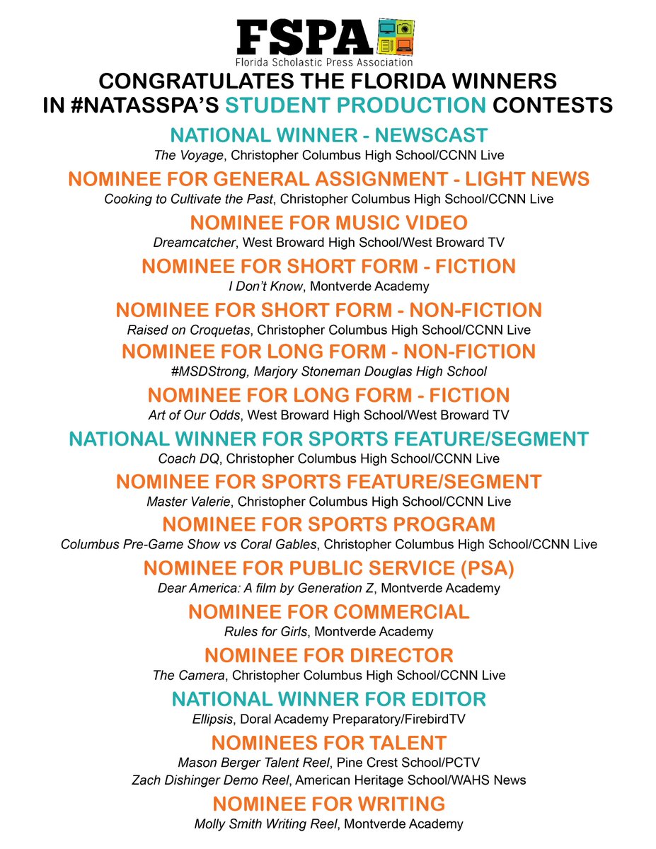 FSPA's tweet photo. On Friday, @NATASSPA announced national winners in Student Production (Student Emmys!), and after 17 nominations, three Florida productions took home top awards. https://t.co/VHiYJKtQJu