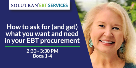 SolutranEBT's tweet photo. Hear Brenda Berry share insight into the EBT procurement process and the impact of program requirements in Boca 1-4 from 2:30 PM - 3:30 PM. #EBT2019 https://t.co/KRvSn69Gf6