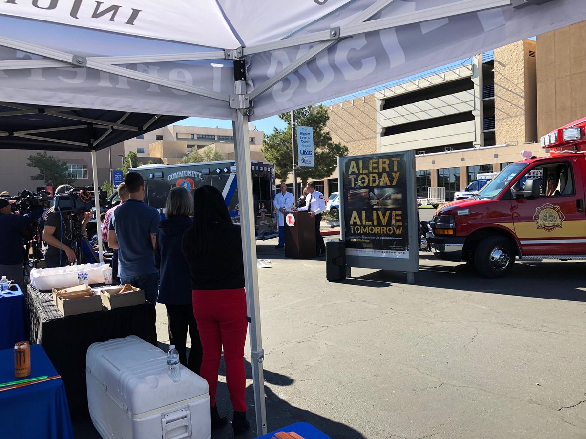 LasVegasFD's tweet photo. @LasVegasFD Fire Marshal Robert Nolan was one of the guest speakers at today’s #DusktoDawn2019 media event at @UMCSN Trauma. #DuskToDawnLV #DontKillADream #trafficsafety #roadsafety #UNLV. @PedSafeLV @trafficunlvsom @LasVegasFD. Now you know what the markers were about. https://t.co/4wcL4eJka8