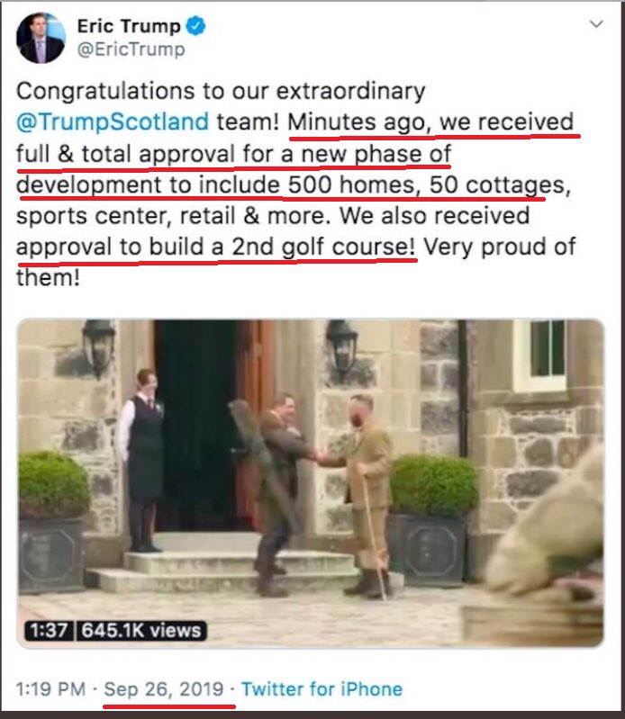 20/ WTF: This Scotland development is a NEW large housing development deal of 550 homes that was just approved by the Scottish government after being locally rejected. “Does Trump ask Congress for permission? Of course not. He does it first and ignores the Constitution.”-TG