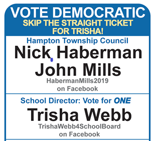 Tomorrow is Election Day! If you live in Hampton, PA please vote Nick Haberman/John Mills Hampton Town Council, Trisha Webb for Hampton School Board.