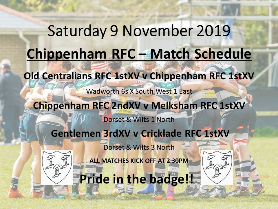 Chippenham RFC (@chippenhamrfc) on Twitter photo Back to league action this weekend and 3 cracking matches for the Senior Section
1stXV away <a href="/OldCents/">Old Centralians</a> - 2.30pm KO
2ndXV home v <a href="/MelkshamRFC/">MelkshamRFC</a> 1sts
3rdXV home v <a href="/CrickladeRFC/">Cricklade RFC</a>
Looking at big numbers at training on Tuesday and Thursday as <a href="/ChippenhamAcad/">Chippenham Rugby Club Academy</a> have league match Sunday Back to league action this weekend and 3 cracking matches for the Senior Section
1stXV away <a href="/OldCents/">Old Centralians</a> - 2.30pm KO
2ndXV home v <a href="/MelkshamRFC/">MelkshamRFC</a> 1sts
3rdXV home v <a href="/CrickladeRFC/">Cricklade RFC</a>
Looking at big numbers at training on Tuesday and Thursday as <a href="/ChippenhamAcad/">Chippenham Rugby Club Academy</a> have league match Sunday