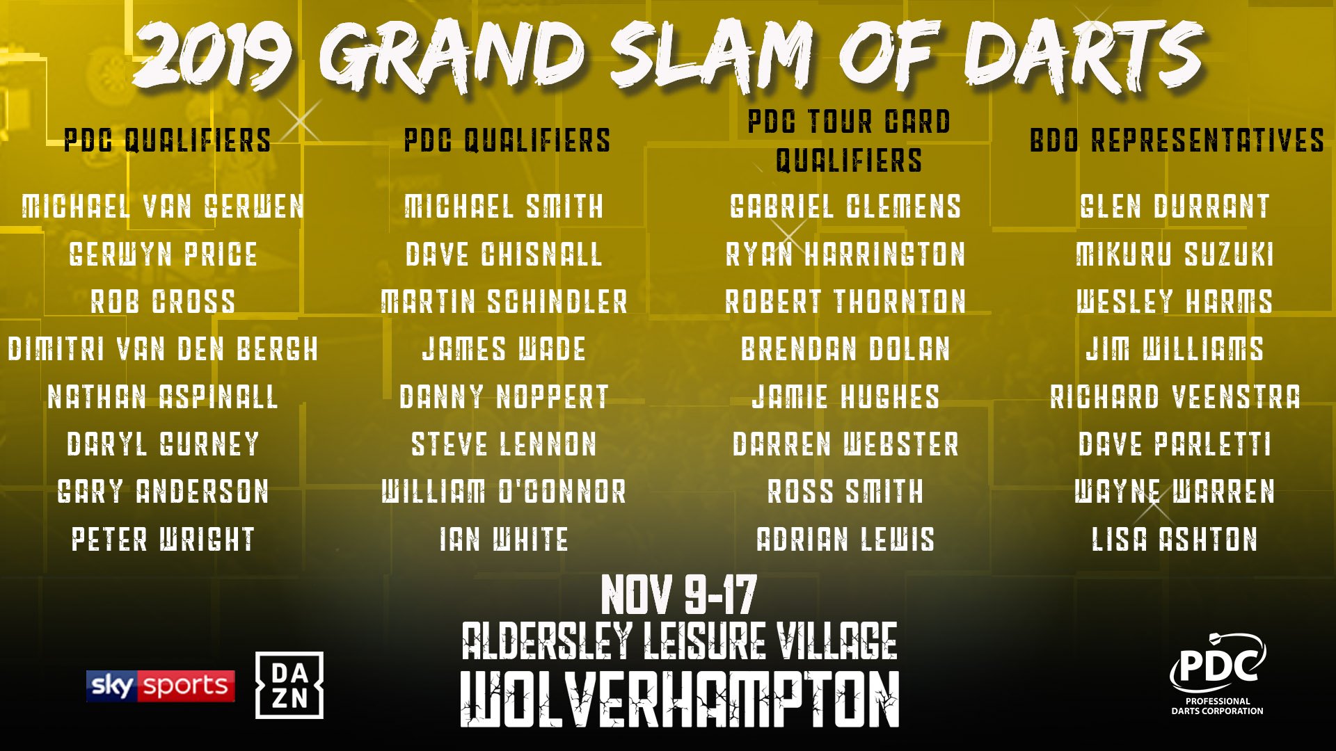 PDC Darts on Twitter: | Here's the confirmed field for the 2019 Grand Slam of Darts following tonight's last-chance qualifier in ▶️ Read more: https://t.co/t2vG385hH5 / Twitter