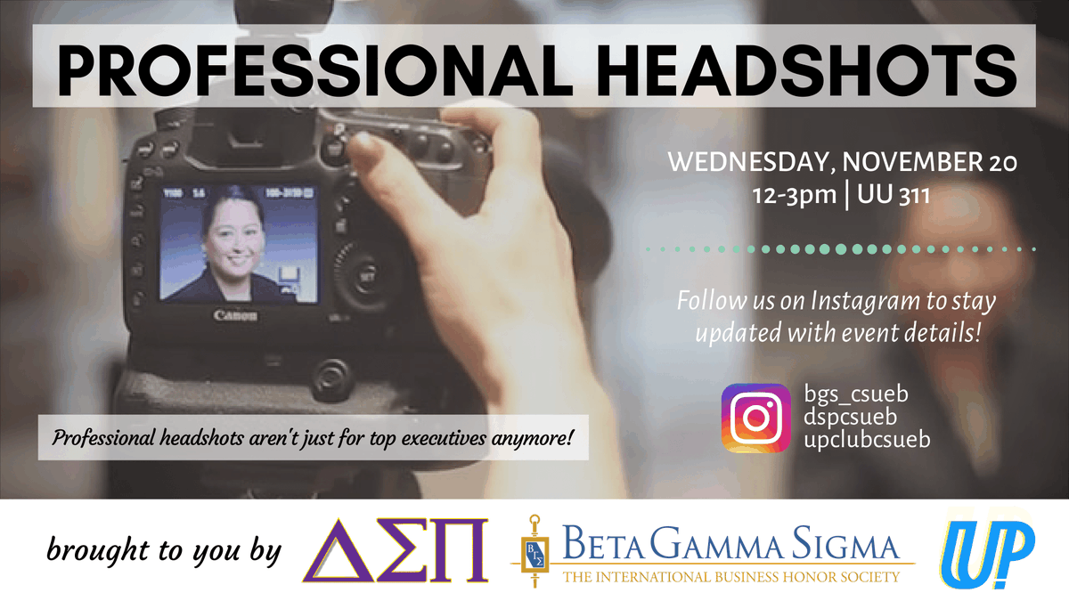 EastBayCBE's tweet image. Step up your #LinkedIn game with professional headshots.
This event is hosted by #DeltaSigmaPi - Zeta Tau Chapter, #BetaGammaSigma, and The Up Club.
Wednesday 11/20 12pm UU311. #CSUEB #CalStateEastBay