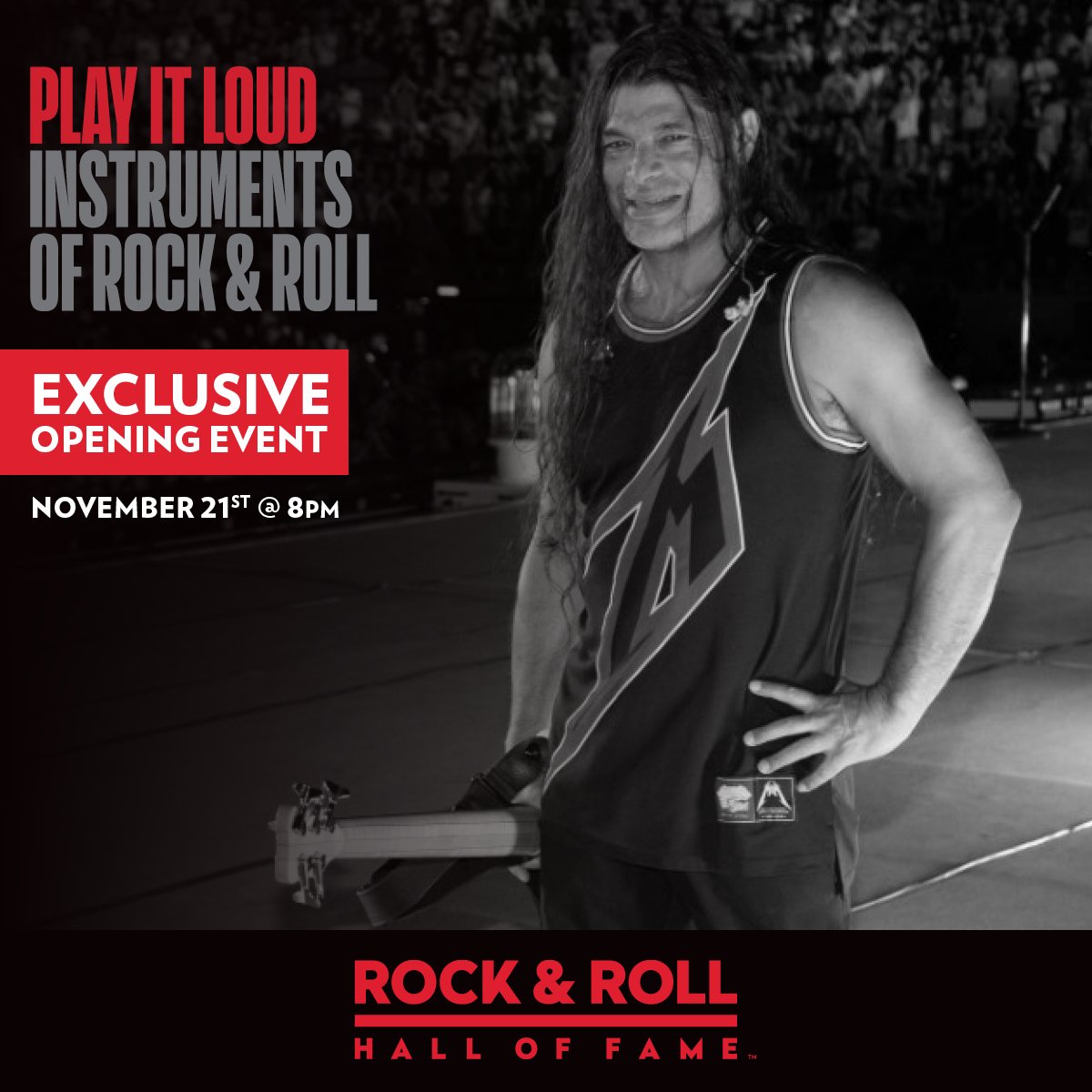 Play It Loud, an exhibit celebrating the iconic musical instruments that gave rock & roll its signature sound, comes to the @rockhall! Join special Inductee guests, including @KirkHammett & @RobertTrujillo, for the grand opening on November 21! Get tix at rockhall.com/play-it-loud-e….