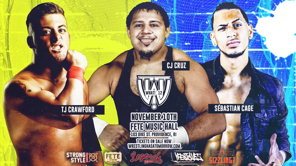 WHATomorrow's tweet photo. ❗️Match Announcement 

After impressing the WHAT! fans at our last show both @CJ_Cruz28 and TJ Crawford return. 

At #WHAT12 this Sunday they join Sebastian Cage in a 3 Way match. Grab your tickets starting at $20 here + https://t.co/5693kP3oI2

Full bar for 21+ 
5pm belltime https://t.co/RJ29mqugwa