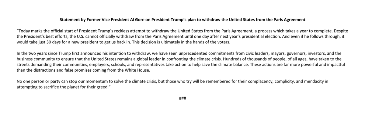 algore's tweet photo. No one person or party can stop our momentum to solve the climate crisis, but those who try will be remembered for their attempts to sacrifice the planet for their greed. My statement on today's #ParisAgreement announcement: https://t.co/G2bMIbIHRP https://t.co/GlUdu4ccHC