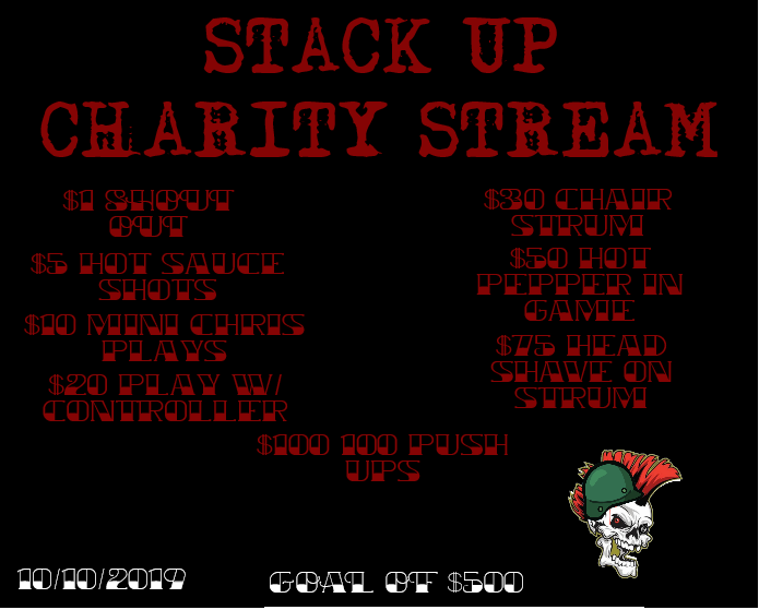 ChrisifixTV's tweet photo. ACTIVITIES FOR DOLLAR $
CHARITY STREAM 10/10/2019, STARTING 8 AM SUNDAY.
GOAL OF $500
LETS SURPASS IT.
https://t.co/98r4KtaCwV
#TWITCHTV #Charitystream #stackupdotorg #stackup #stackupcharity #VeteransDay #vets https://t.co/GePHT1Luoy