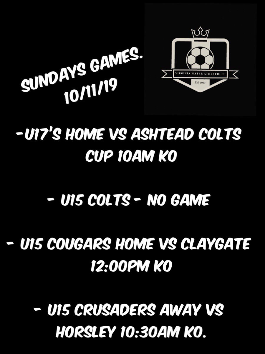 Sunday’s Games 10/11 - REMEMBRANCE WEEKEND! 

U17’s HOME vs Ashtead 10am KO

U15’s Colts - No game

U15’s Cougars HOME vs @ClaygateRoyals 12pm KO.

U15’s Crusaders AWAY vs @HorsleyFC_ 10:30am KO.