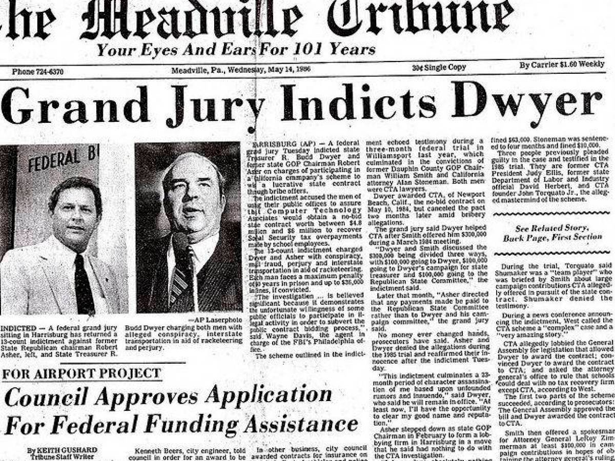Dwyer took the case to a jury trial, where he was found guilty of 11 counts including conspiracy, racketeering, mail fraud and perjury. He faced up to 55 years in prison and a 300,000 dollar fine. The date of his sentence hearing was set for January 23rd, 1987