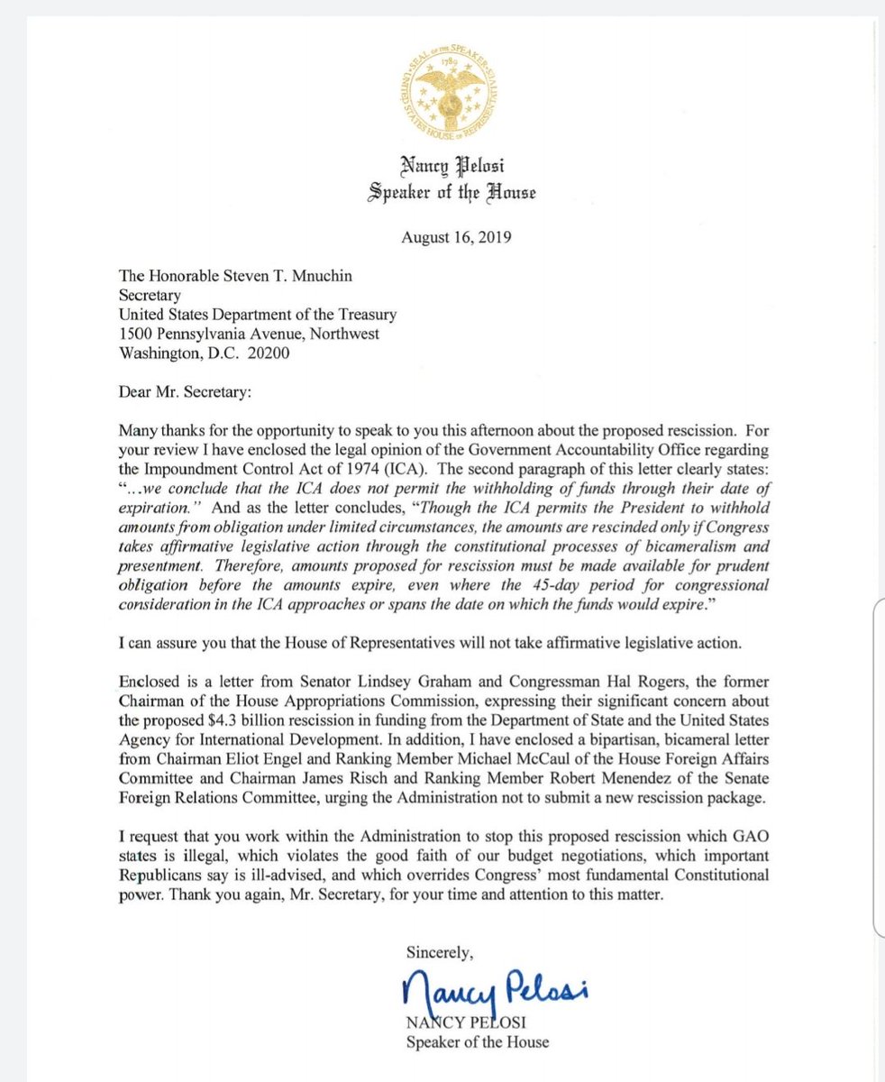 16)On August 16, in a letter to the Secretary of the Treasury Steve Mnuchin, Pelosi took offense to the rescission package proposed by the White House. Pelosi stated, that the recession proposal would be illegal and urge Mnuchin not to submit it.