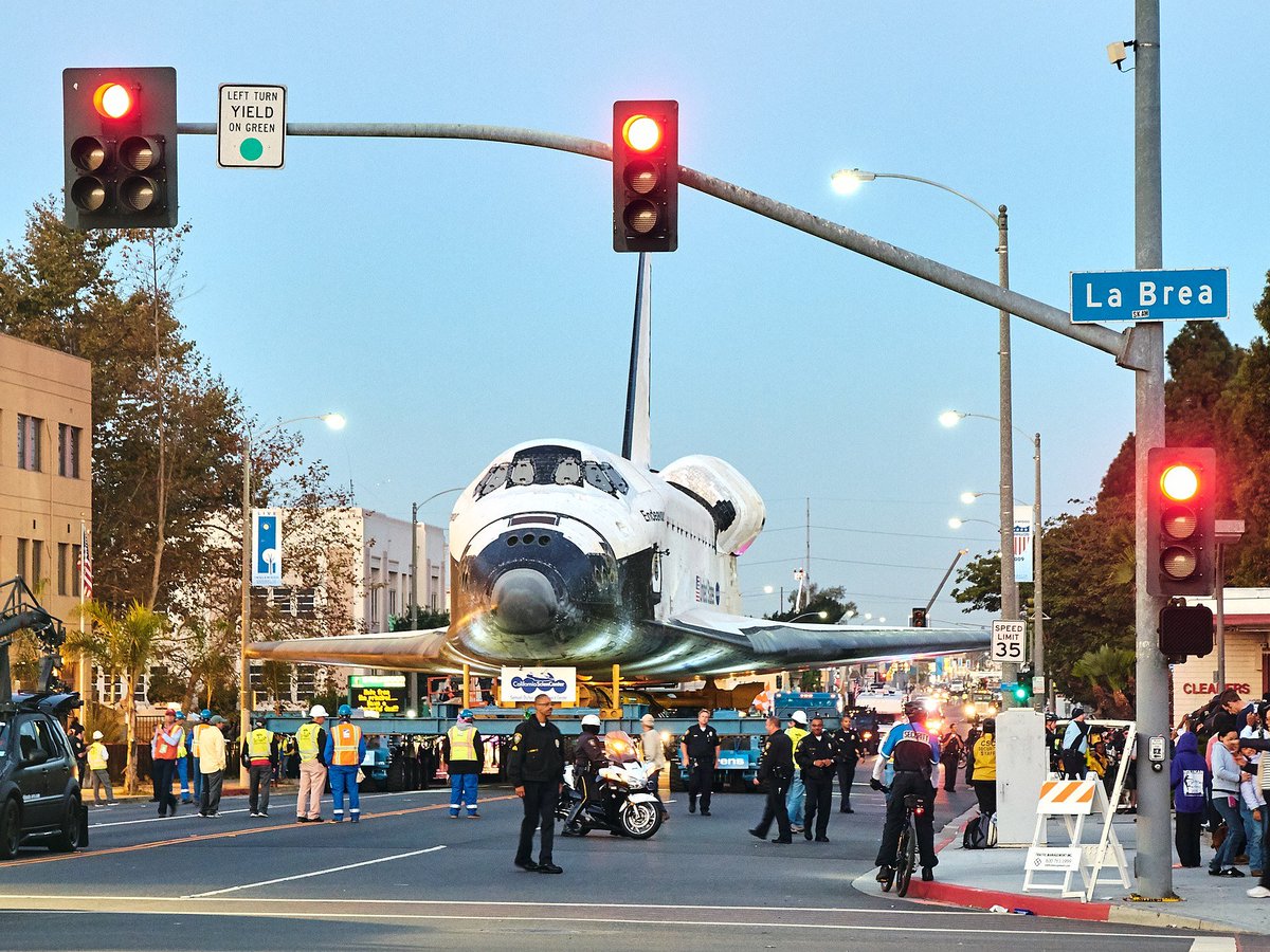 Fun find during project research: The Endeavour Space Shuttle moving through the streets of LA  (Photo by Pedro Szekely via Wikipedia)