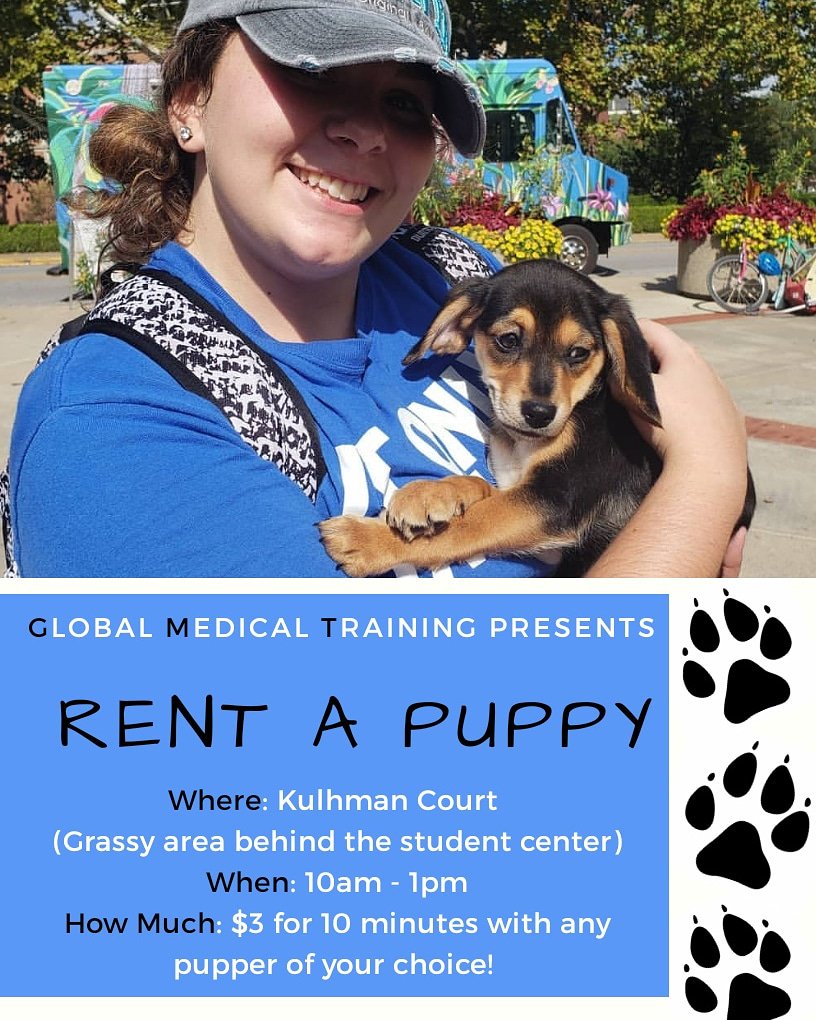 MizzouGMT's tweet photo. Hello friends! We will be a having a Rent A Puppy event tomorrow from 10am-1pm tomorrow at Kulhman Court. Come stop by with your friends to relieve some stress with these adorable puppers! It's only $3 for 10 minutes 🐾 https://t.co/wbTEwWcurq