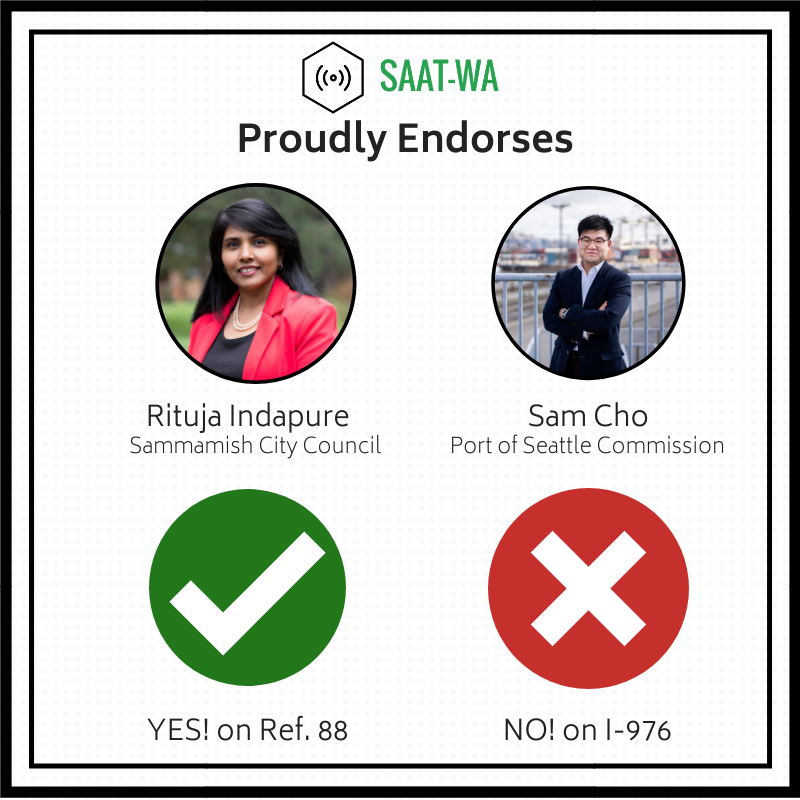 saat4wa's tweet photo. SAATWA is proud to announce its slate of endorsements for tomorrow's election! In keeping with our mission to ensure equality &amp; access for #SouthAsianAmericans in Washington State, we are endorsing two candidates &amp; encouraging votes in two ballot initiatives...#WAElex #WaVotes https://t.co/ObBJaVenfZ
