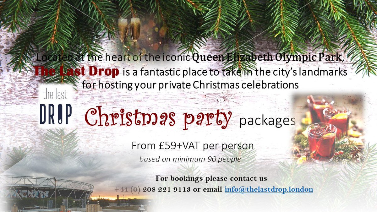 #sponsorship #CSR  #wellness #events #sponsors #eventmarketing #meetingprofs #eventprofs <a href="/QMediaCompany/">Q Media</a> <a href="/SMILEVENTOS/">SMILEVENTOS</a> <a href="/SmilEvent/">SMILE event company</a> <a href="/LloydsPharmacy/">LloydsPharmacy</a> <a href="/LloydsBank/">Lloyds</a> <a href="/prismprofits/">Prism Solutions LLC</a> @BayerPestUK <a href="/Sadlers_Wells/">Sadler's Wells</a>

Book your Christmas Party at The Last Drop in The Queen Elizabeth Park