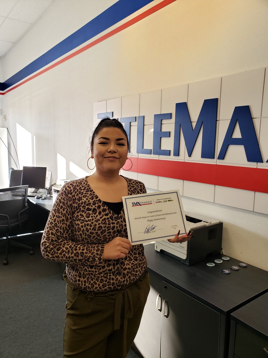 Congratulations Michelle Anaya for hitting your 4 year anniversary.  Thank you for your dedication to the TMX Financr Family of Companies!!!!!