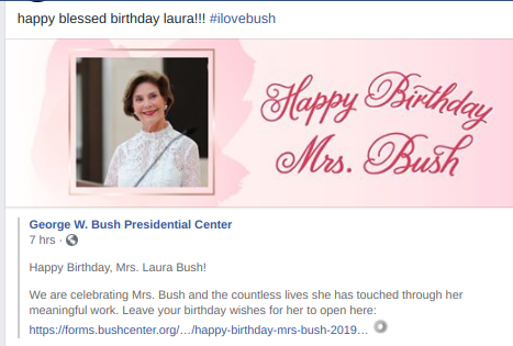 Happy blessed birthday fmr 1\st lady laura bush!! 