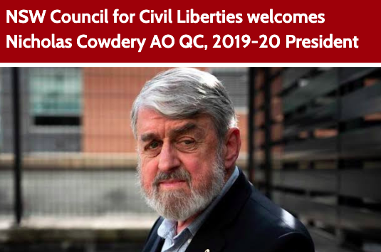 NSW Council for Civil Liberties welcomes Nicholas Cowdery AO QC as the 2019/20 President. We farewell Pauline Wright with a vote of thanks for Pauline's contribution over her time as President. Thank you @pollypippin, we wish you well in future endeavours.