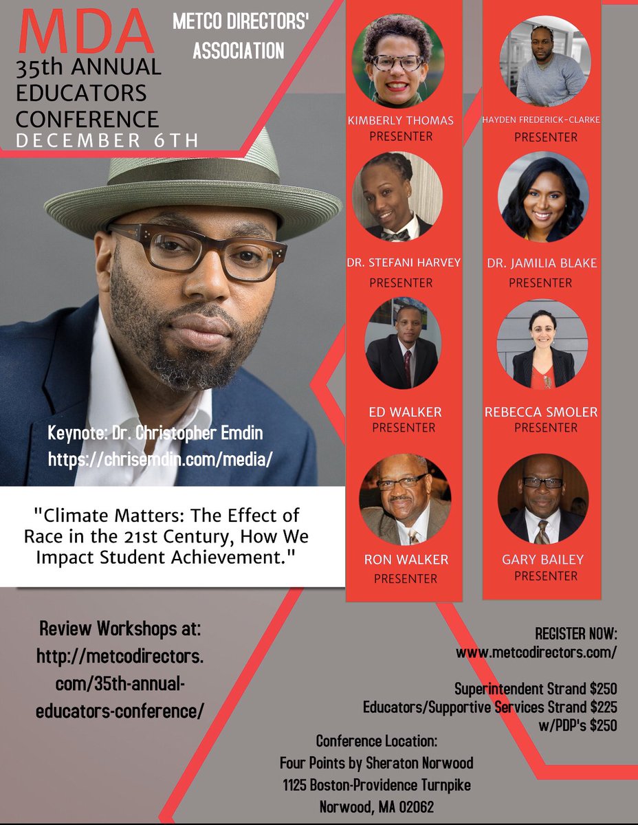 Boston #MAEducators, register today for the 35th Annual MDA Educators Conference on December 6th, with Keynote Speaker, Dr. Christopher Emdin metcodirectors.com #METCO #METCOWORKS #DEI <a href="/cityofboston/">City of Boston</a> <a href="/massteacher/">Massachusetts Teachers Association</a> #MDAConference2019