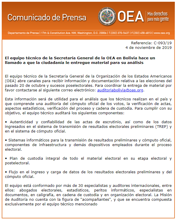 Equipo técnico de la #OEAenBolivia hace un llamado a que la ciudadanía entregue material para su análisis.

📧Para coordinar entrega de material contactarse a: 𝗮𝘂𝗱𝗶𝘁𝗼𝗿𝗶𝗮𝗯𝗼𝗹𝗶𝘃𝗶𝗮@𝗼𝗮𝘀.𝗼𝗿𝗴

Más información: bit.ly/2NF2XVt