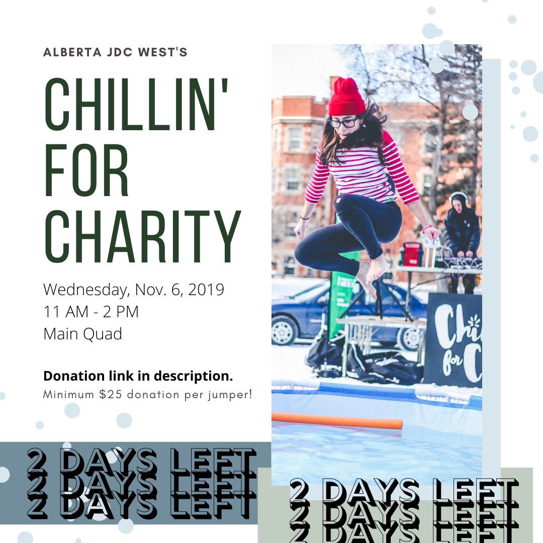 ONLY 2 DAYS LEFT! DONATE TODAY: donate.myunitedway.ca/campaign/uofa-…

On November 6 (11am-2pm), Alberta JDC West will be hosting Chillin' for Charity, an event where we polar dive into a freezing pool of water to raise money for the United Way! Our goal is $20,000 this year!