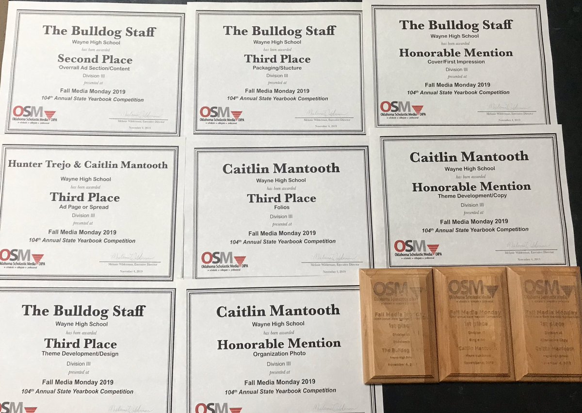 WayneYearbook's tweet photo. So proud of the 2019 Bulldog Staff! Check out all the awards. The 2019 yearbook even received Honors at #fmm2019. @caitlin_raine26 @hippe_hunter @TheWalck @BlackwoodHaylee https://t.co/8BWojkoXu7