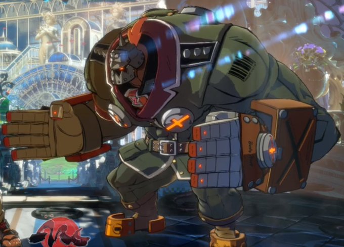 Potemkin is doing a very stiff imitation of a classic judo stance. To a Japanese audience (and experienced fighting game fans ) this telegraphs that he's a grappler. #GuiltyGear2020  https://twitter.com/zidanel33t/status/1191197320454561792