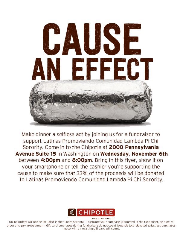 Theta_LPC's tweet image. Make sure to stop by Chipotle this Wednesday, Nov. 6th between 4-8PM to support us! Don’t forget to show the cashier this flyer!