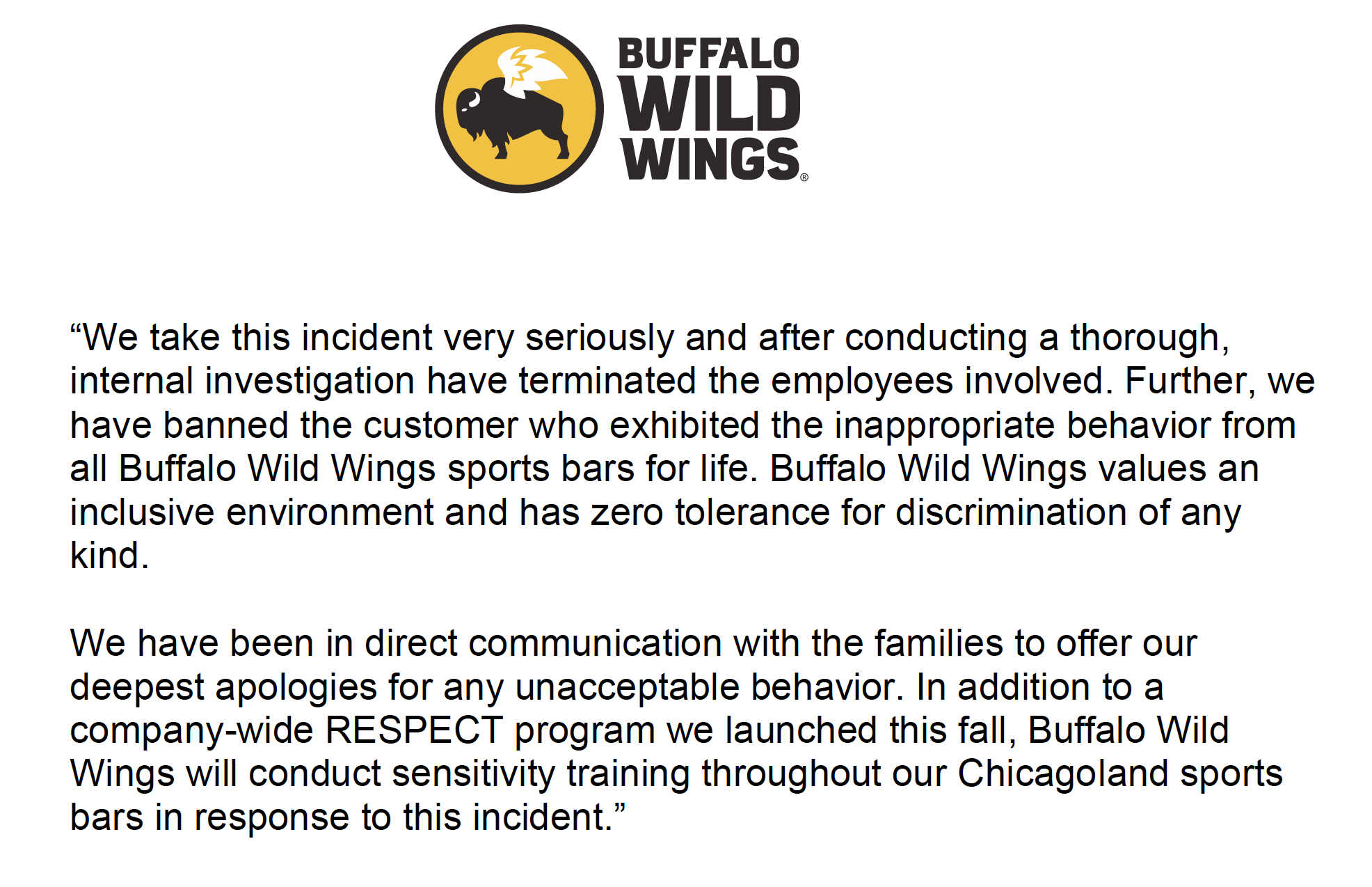 Buffalo Wild Wings On Twitter See Below For A Statement Regarding The Incident That Occurred At A Buffalo Wild Wings Sports Bar In Naperville Illinois Https T Co Doadv6zua9
