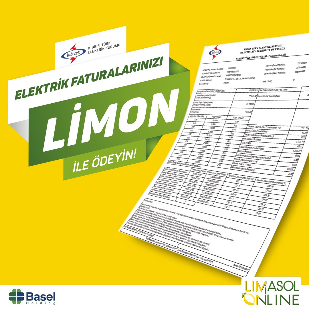 Limon Fatura Sistemleri mobil uygulaması ile Kıb-tek elektrik faturalarınızı hızlı,güvenilir ve sorunsuz biçimde ödeyebilirsiniz!

#KKTC #girne #lefkoşa #magusa #mağusa #kıbrıs #güzelyurt #lapta #iskele #karpaz #gazimağusa #baselholding #limasolonline #onlineödeme