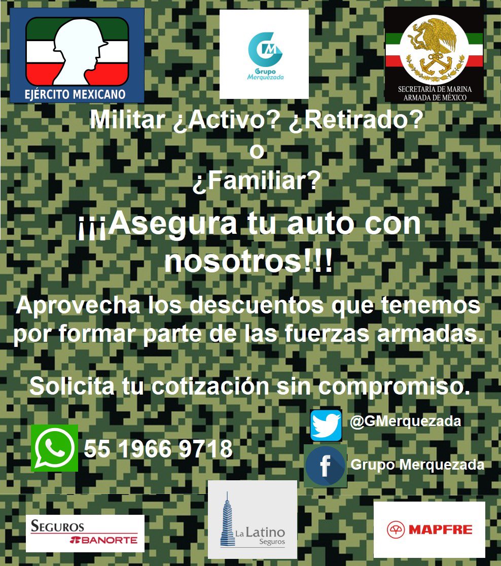 GMerquezada's tweet image. Eres parte de las #fuerzasarmadas? #ejercitomexicano #sedenamx #semarmx #armadademexico cotiza sin compromiso! @SEDENAmx @SEMAR_mx @AlmiranteSrio @Luis_C_Sandoval #MarinaNacional y aprovecha nuestros descuentos especiales!